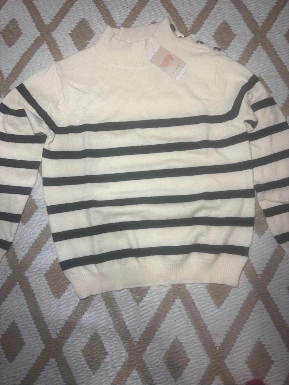 Striped Cowl-Neck Sweater with Shoulder Buttons - Cream & Black